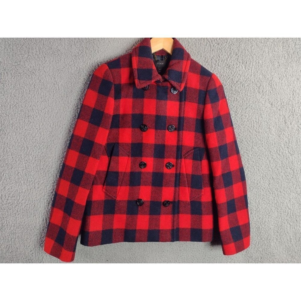 J. Crew 100% Wool Red & Navy Buffalo Check Plaid Peacoat Pea Coat Size 6